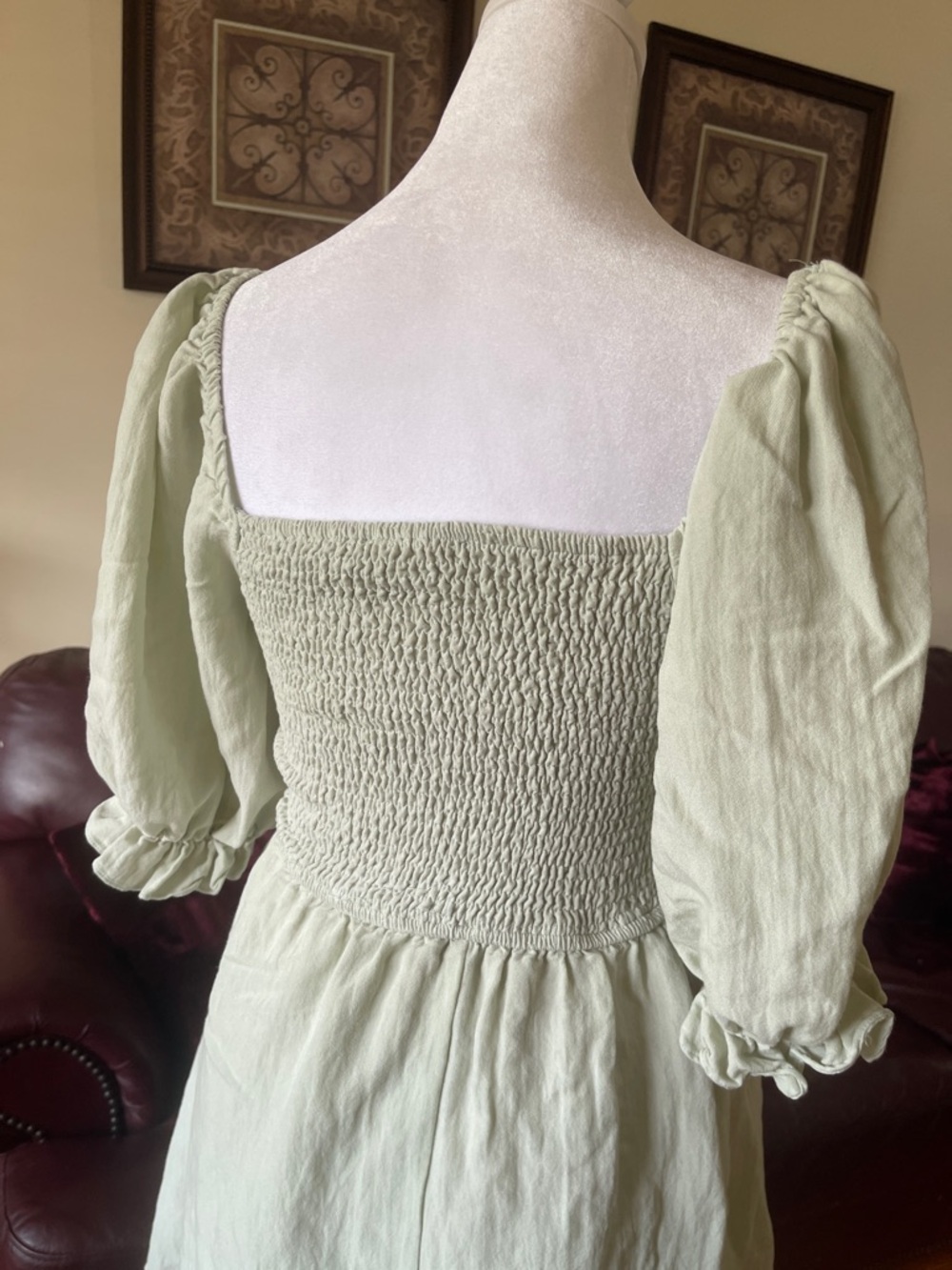 Mittoshop Light Sage Green Smocked Puff Sleeve Mini Dress Cottagecore Small - Picture 7 of 7